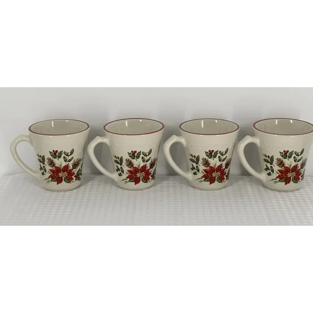Longaberger Natures Garland Mugs - set of 4 Poinsettia Christmas Pottery